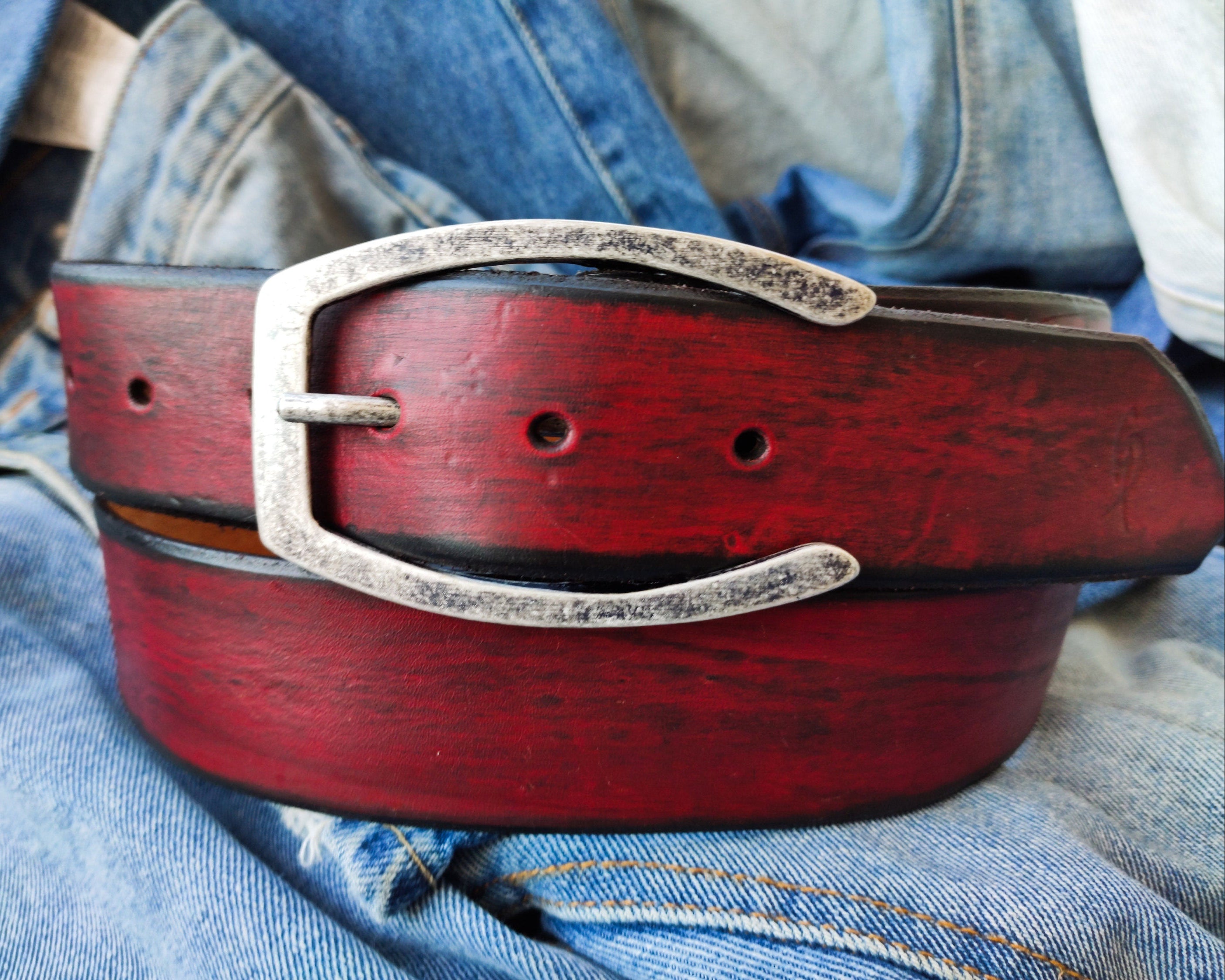 Red Leather Mens Belt Customizable Genuine Leather Accessory for Him