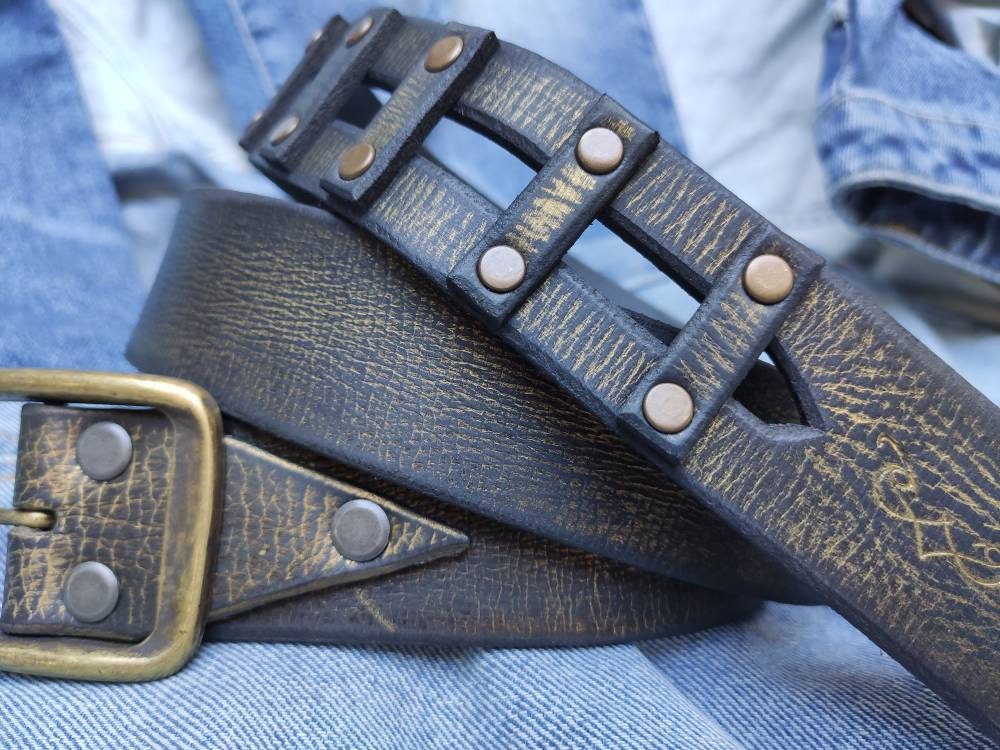 Leather Belt with Gold Wash Womens Custom Fashion Accessory for Men Black Buckle Belt