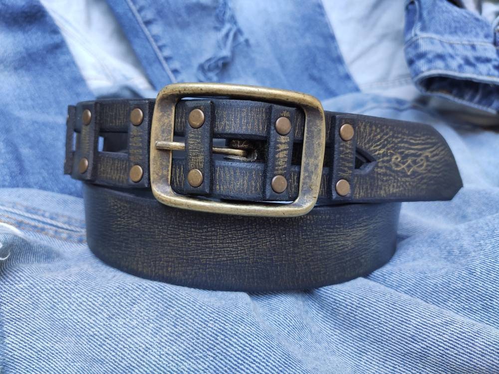 Leather Belt with Gold Wash Womens Custom Fashion Accessory for Men Black Buckle Belt