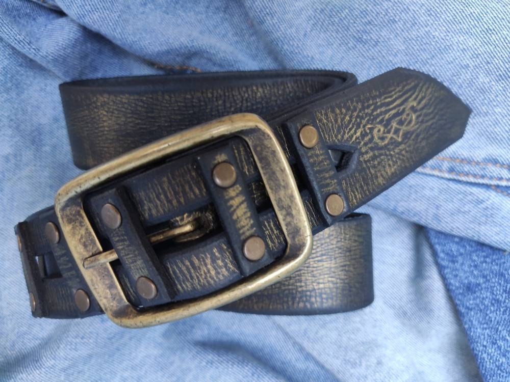 Leather Belt with Gold Wash Womens Custom Fashion Accessory for Men Black Buckle Belt