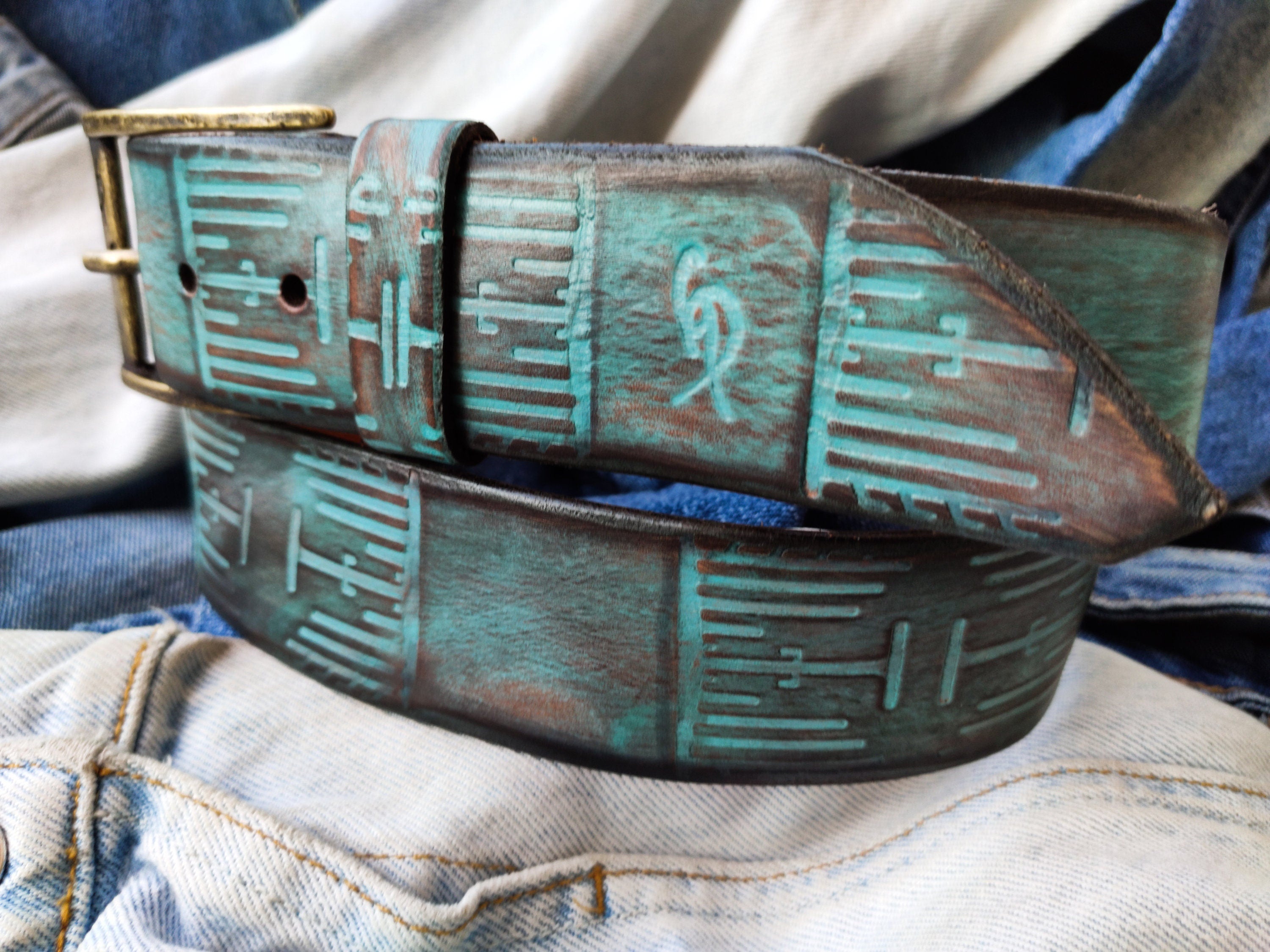 Handmade Turquoise Brown Leather Belt - Personalized and Unique Gift for Him