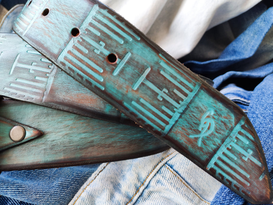 Handmade Turquoise Brown Leather Belt - Personalized and Unique Gift for Him