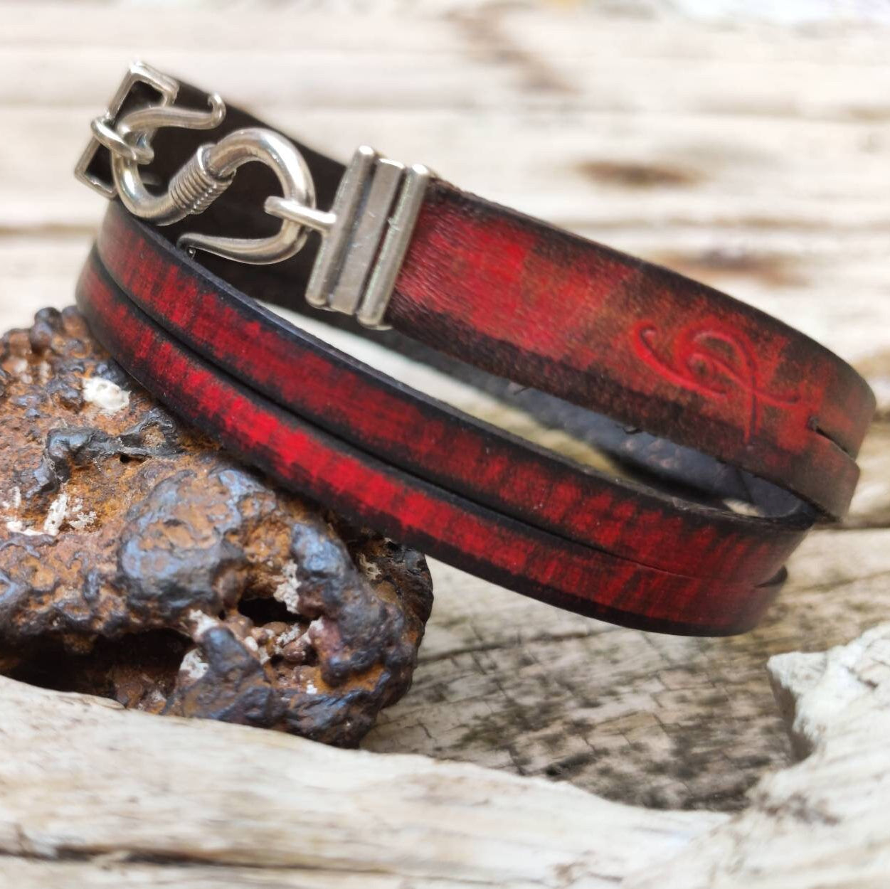 Mens Red Leather Bracelet - Genuine Leather Wrap Cuff with Clasp