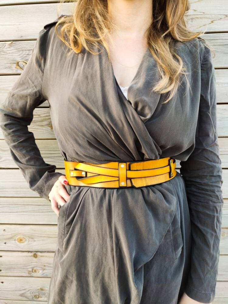 Handcrafted Yellow Leather Waist Belt - Womens Dress Belt - Unique Gift for Her