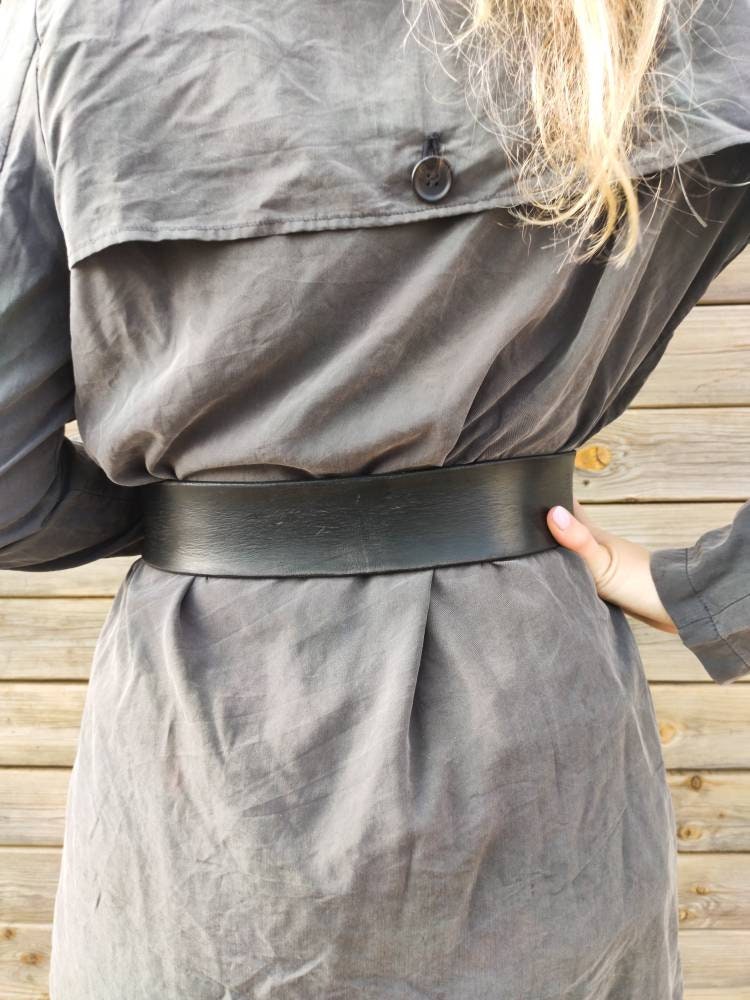 Personalized Black Leather Wide Waist Belt for Women Handcrafted