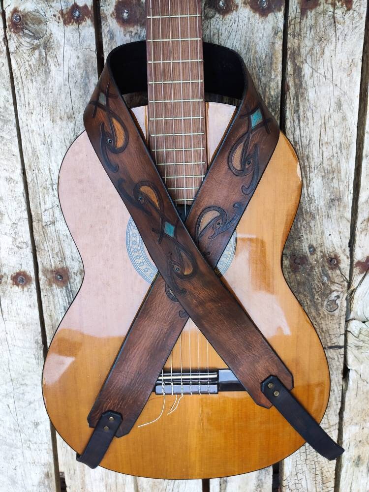 Personalized Leather Guitar Strap with Ishaor Logo - Brown Triangle Design for Musicians