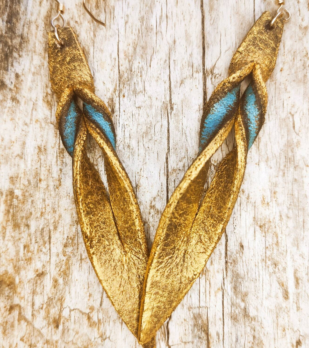 Handmade Turquoise Leather Earrings - Brown Wash with Gold Accents - Reversible Design for Double the Style