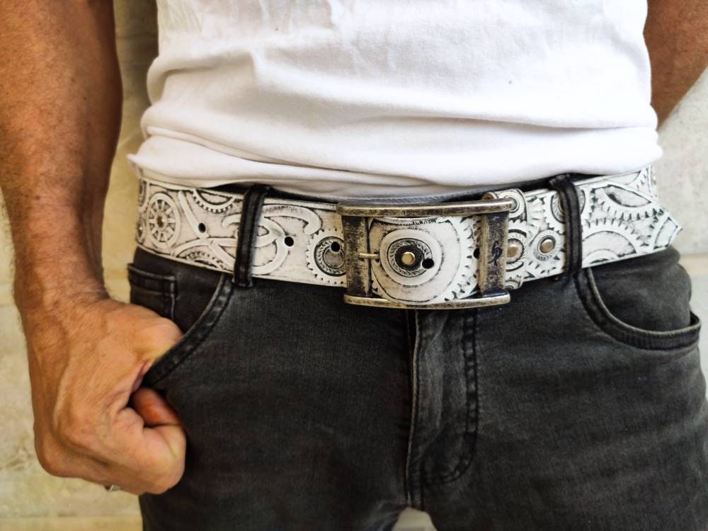 Ishaor Biker Style White Leather Belt with Black wash and