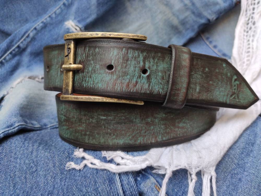 A Vintage Turquoise Leather Belt with Brown Wash Amazing Unique Color The Perfect Gift for Him for The Holidays That Can Be Personalized 34US 44EU