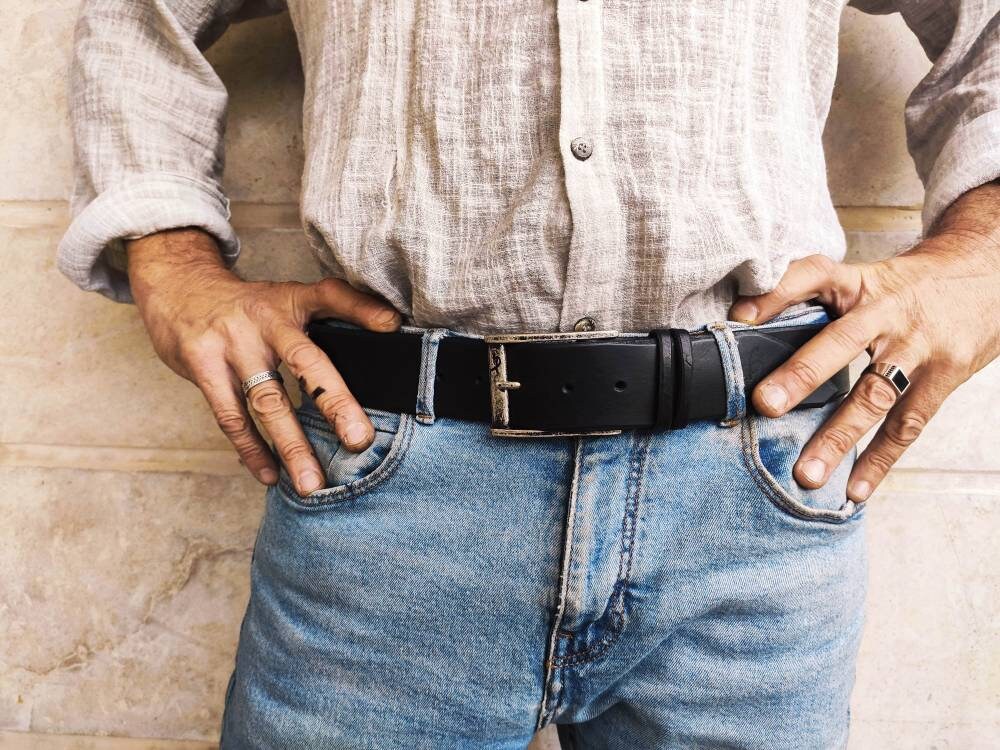Personalized Black Leather Mens Belt with Silver Buckle - Genuine Leather Perfect Christmas Gift for Him by Ishaor
