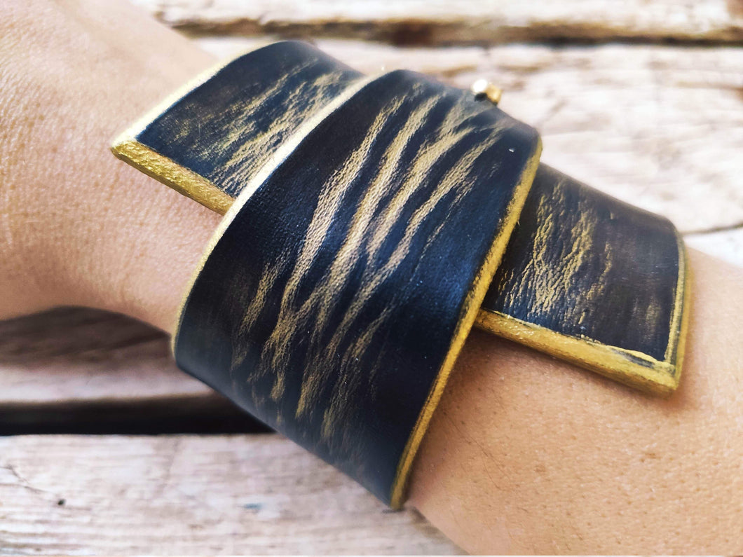 Personalized Black Leather Wrap Bracelet Geometric Design Gold Wash Statement Piece