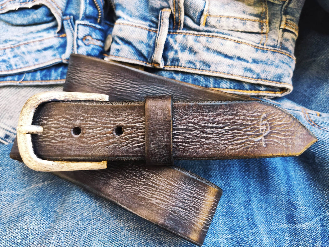 Ishaor Brown Leather Belt with Gray Patina - Perfect Color for Any Outfit - Best Gift Option