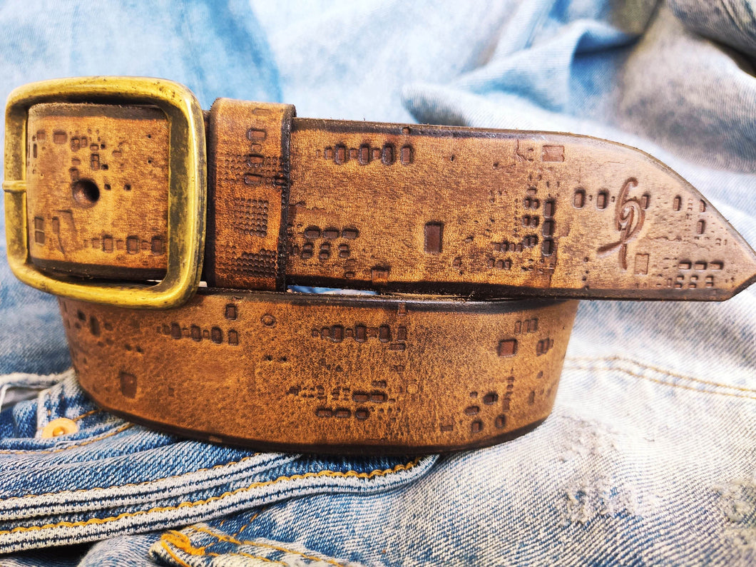 Personalized Western Brown Leather Belt with Electronic Stamp - Unique Design for Him and Her