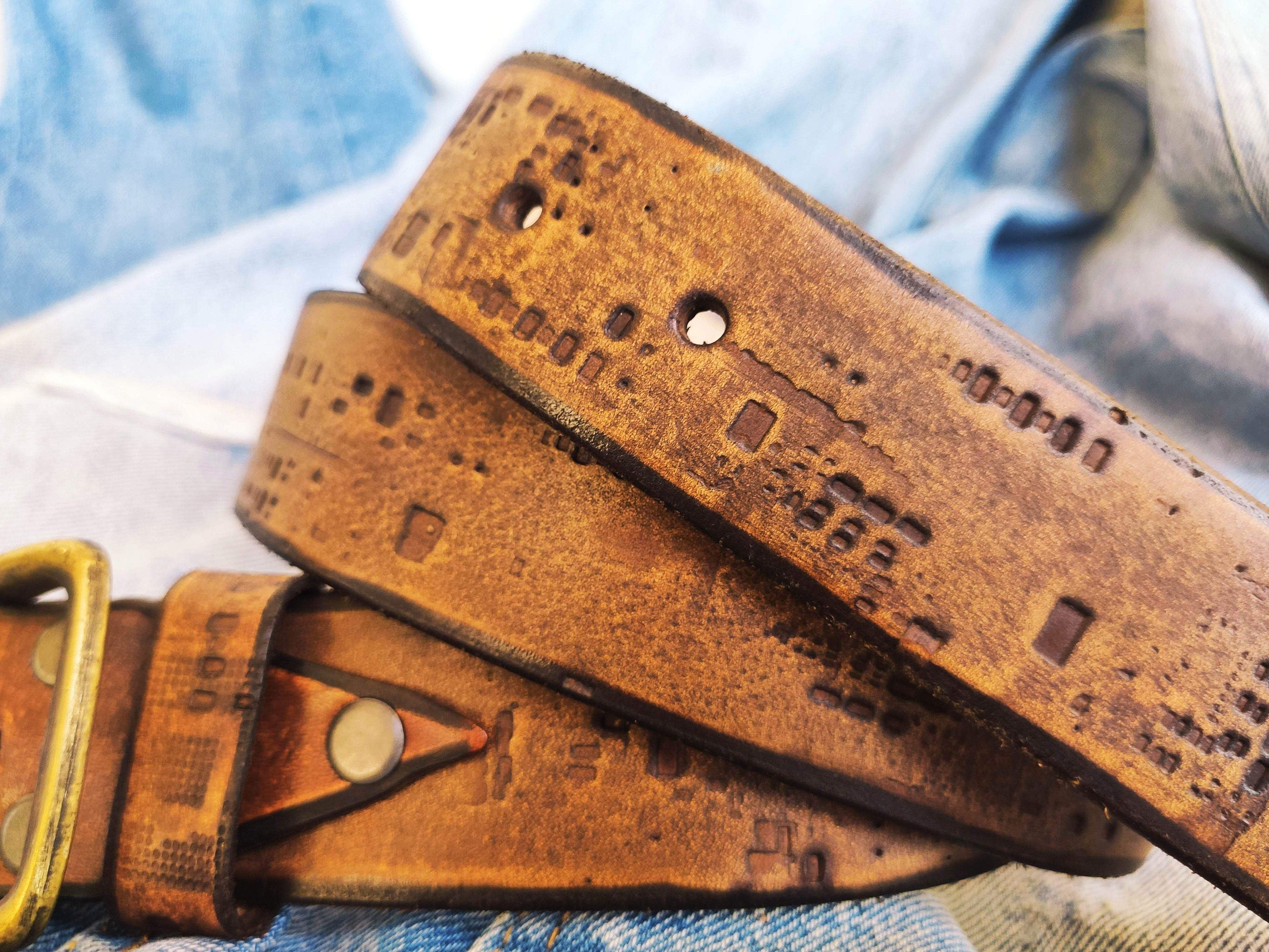 Personalized Western Brown Leather Belt with Electronic Stamp - Unique Design for Him and Her