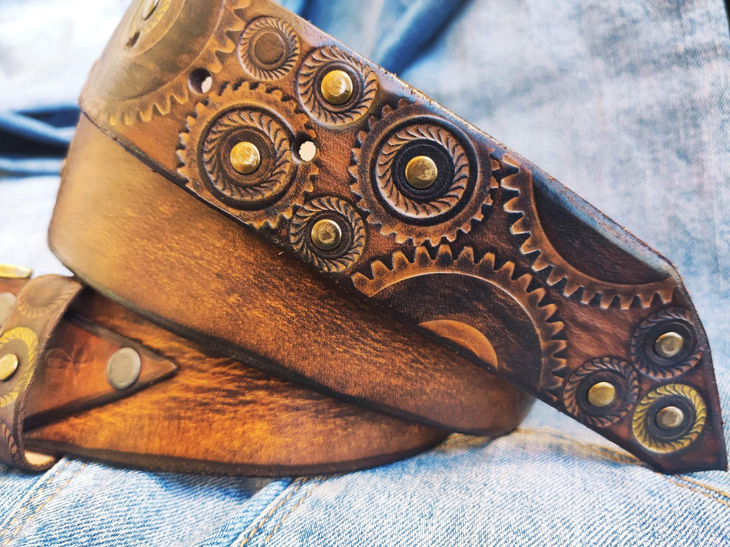 Ishaor Mens Dark Brown Embossed Motorcycle Gear Belt - Perfect Gift for Bikers