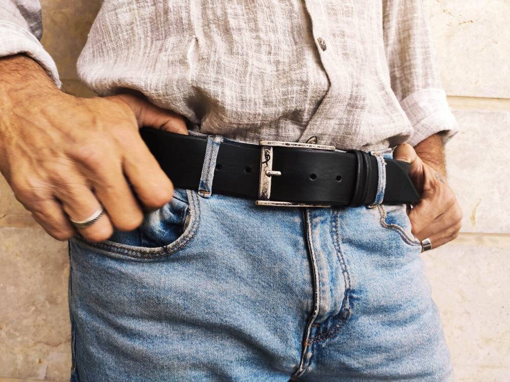 Personalized Black Leather Mens Belt with Silver Buckle - Genuine Leather Perfect Christmas Gift for Him by Ishaor