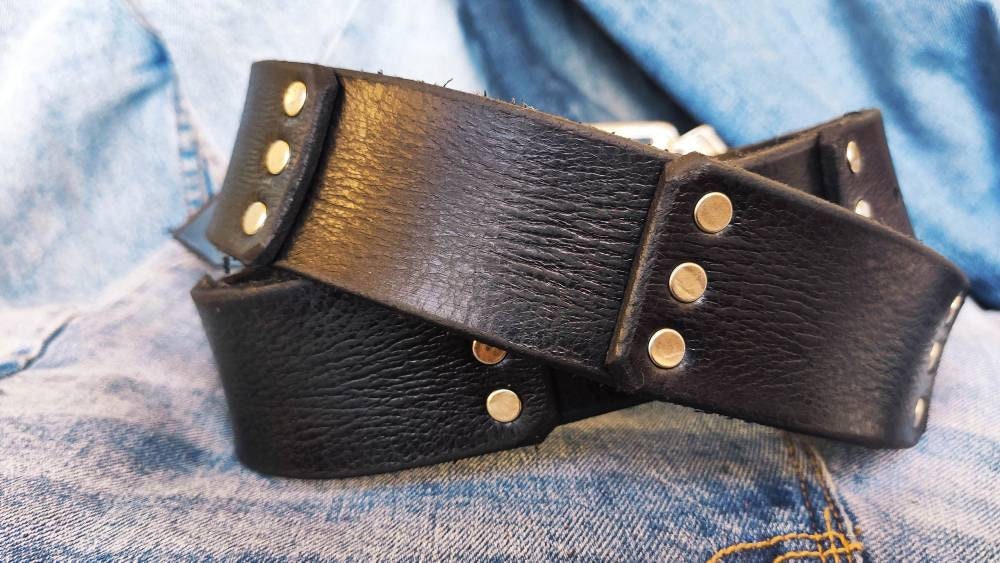 Steampunk Black Leather Belt with Silver Rivets and Unique Buckle - Mens Accessory