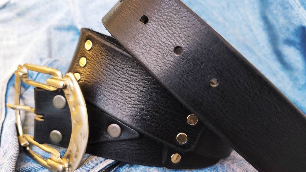 Steampunk Black Leather Belt with Silver Rivets and Unique Buckle - Mens Accessory