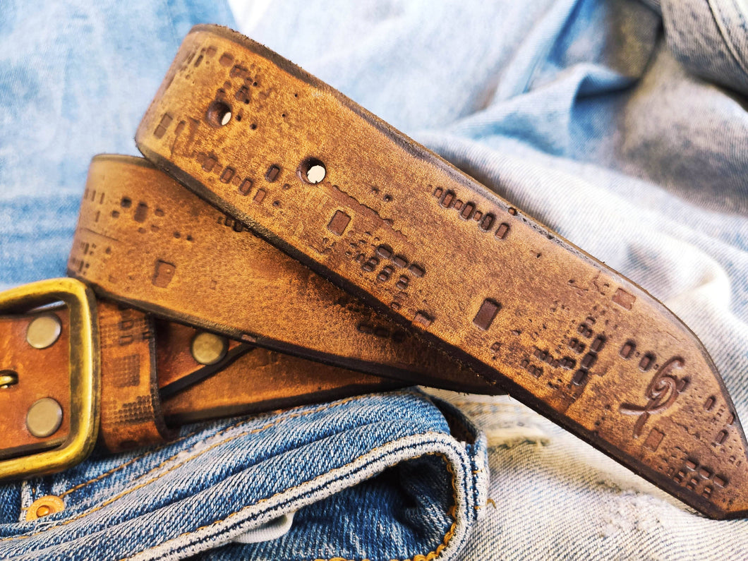 Personalized Western Brown Leather Belt with Electronic Stamp - Unique Design for Him and Her