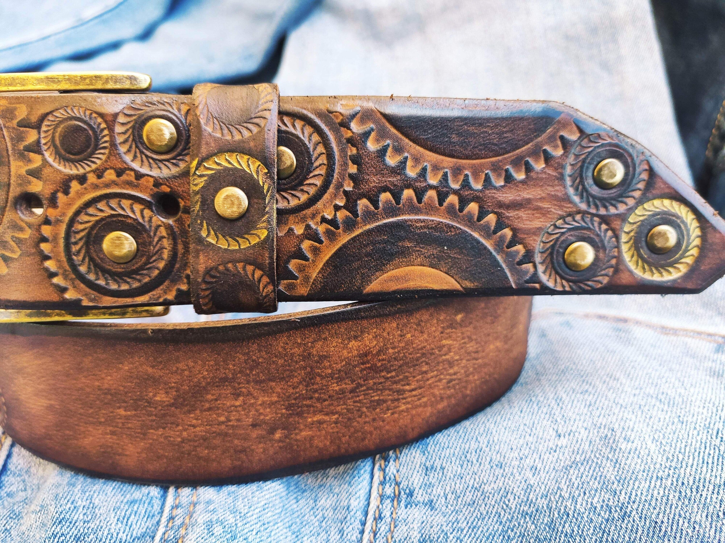 Ishaor Mens Dark Brown Embossed Motorcycle Gear Belt - Perfect Gift for Bikers