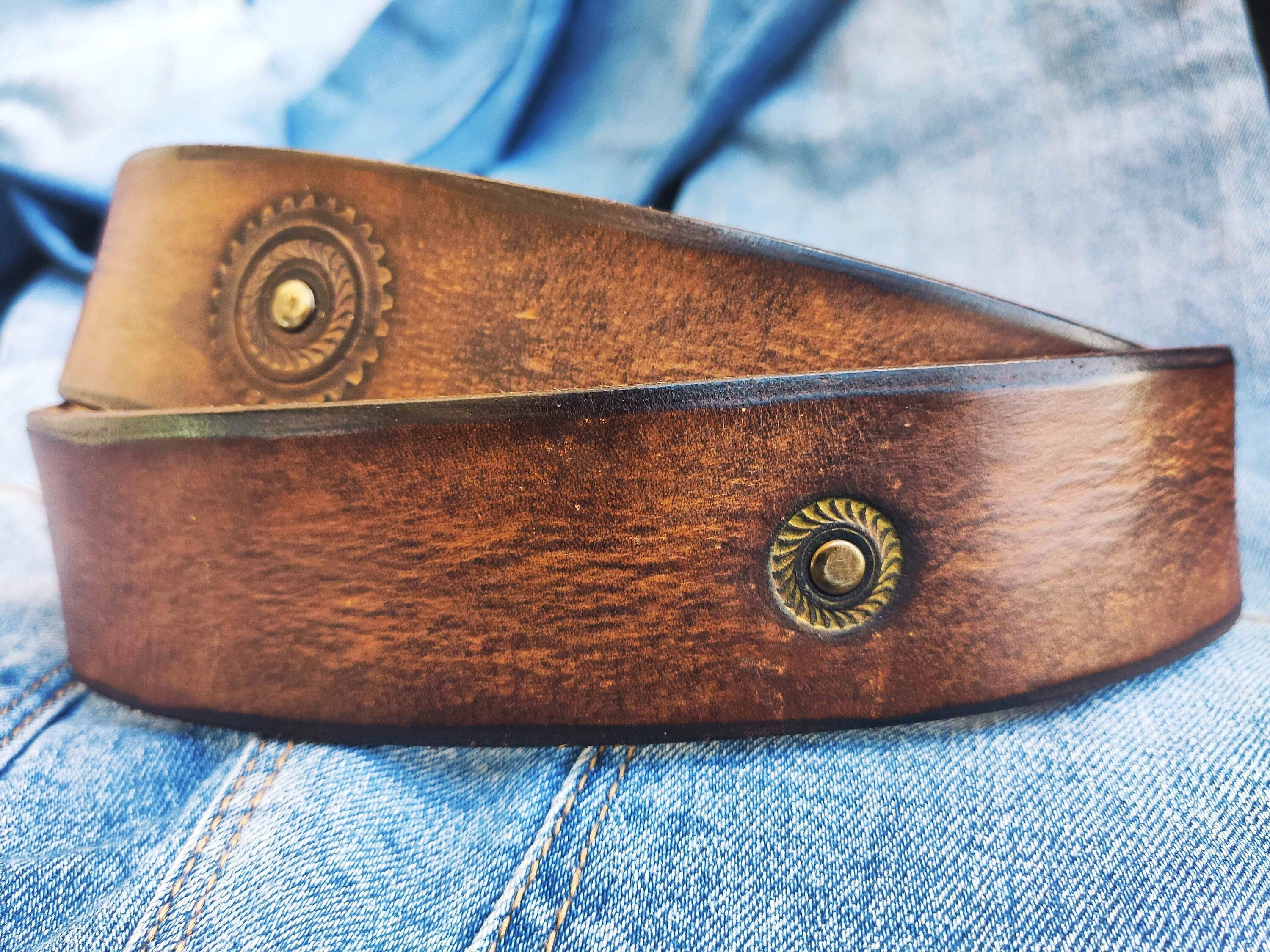 Ishaor Mens Dark Brown Embossed Motorcycle Gear Belt - Perfect Gift for Bikers