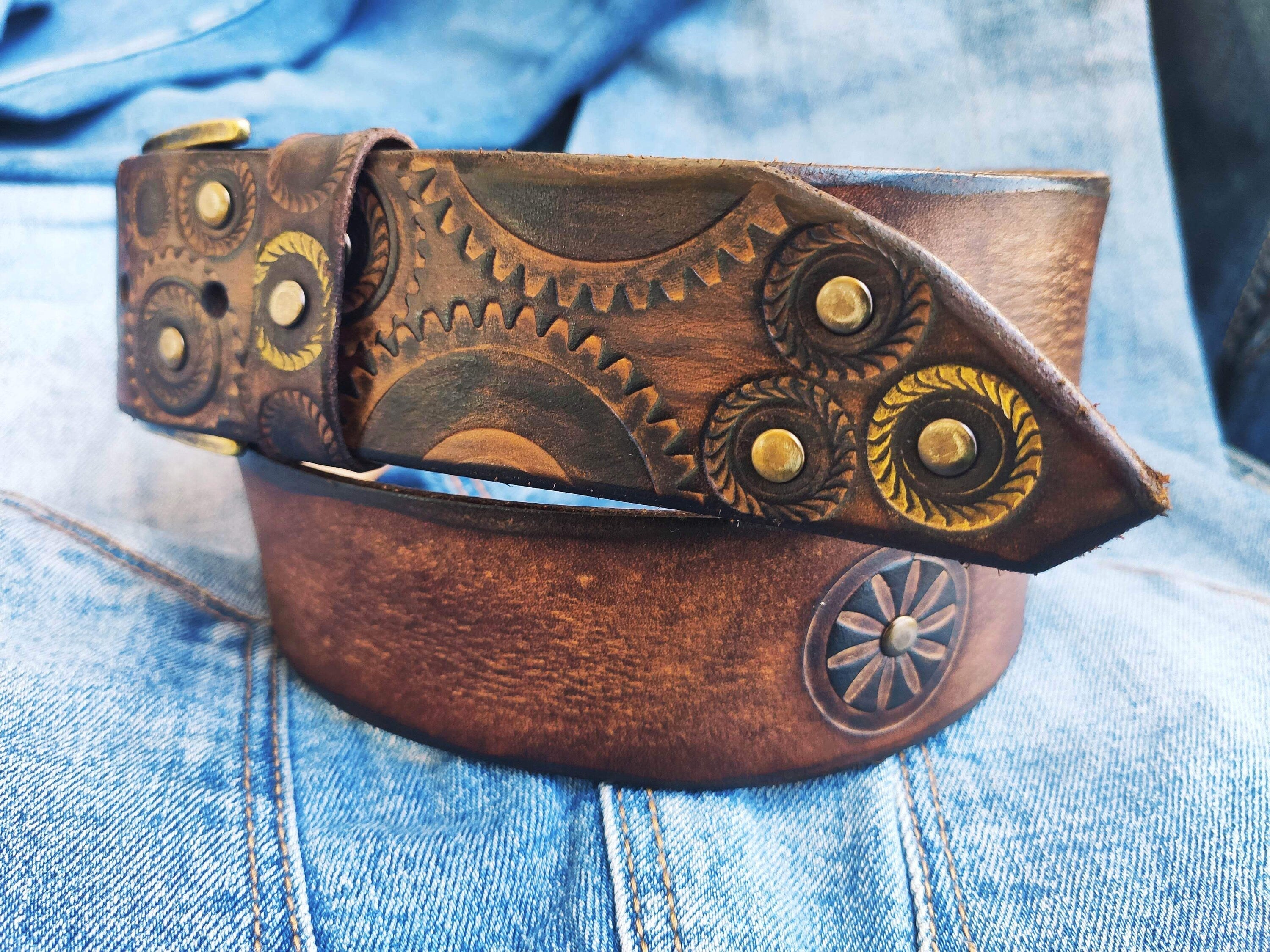 Ishaor Mens Dark Brown Embossed Motorcycle Gear Belt - Perfect Gift for Bikers