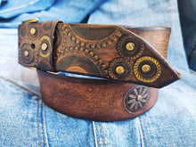 Steampunk Leather Belt with Gears 42cm Wide Brown Bronze Buckle Rivets  Gold Accents - Perfect for Bikers