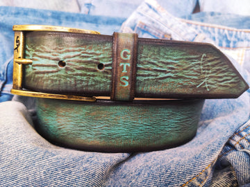 A vintage turquoise leather belt with brown wash, amazing unique color  the perfect gift for him for the holidays that can be personalized