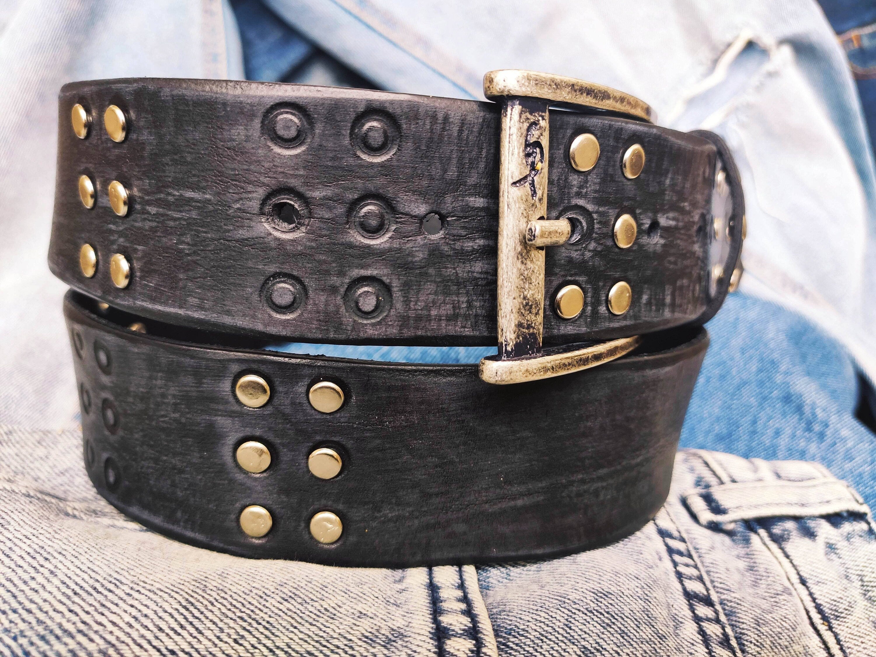 Handmade Black Leather Belt with RCA Stamps Vintage Finish Genuine Leather and Silver Rivets