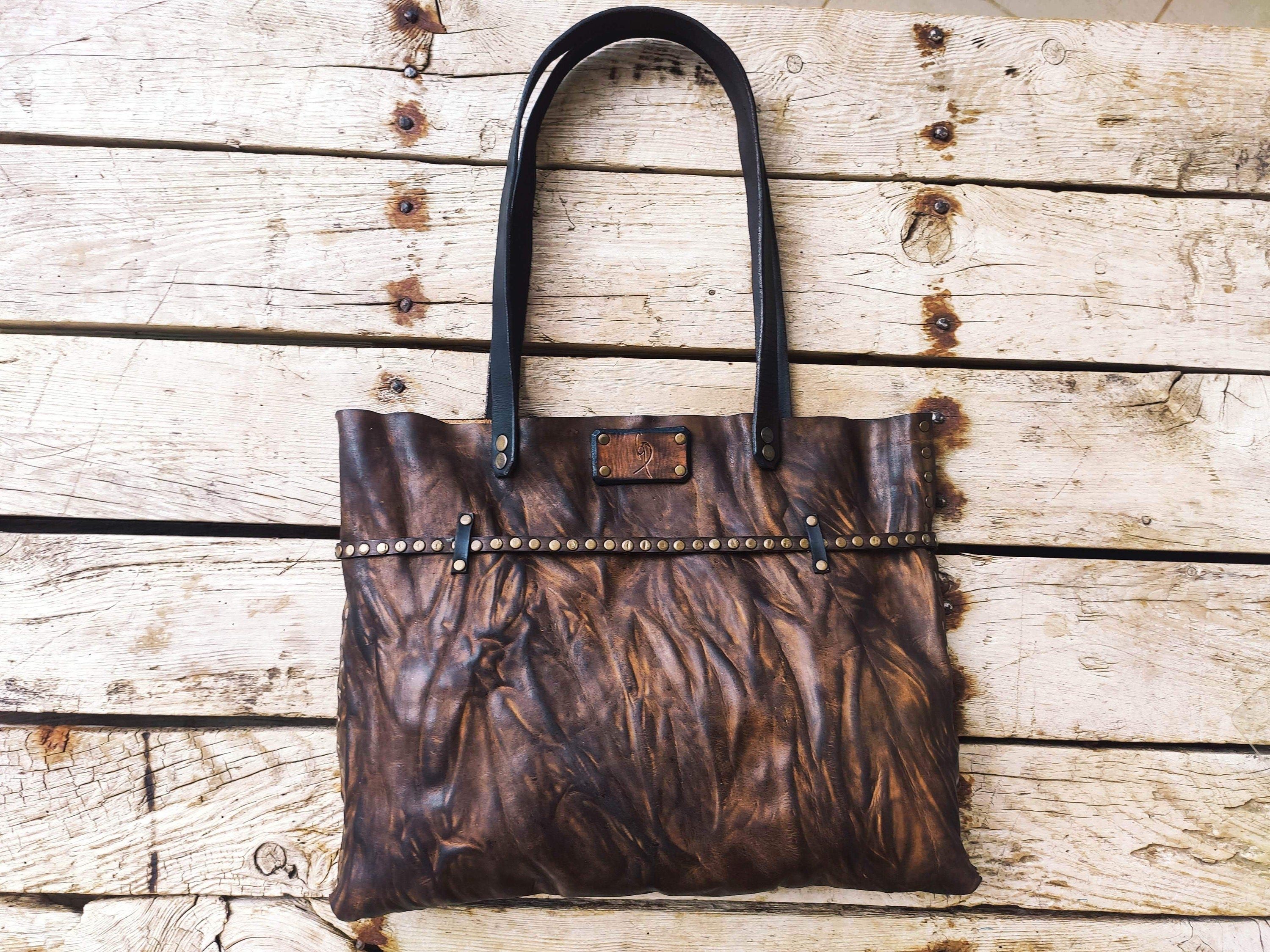 Boho Leather Tote Bag - Brown Handbag for Her - Designer Clutch Bag - Gift-Worthy