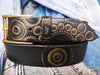 Handmade Black Leather Belt with Gold Motorcycle Gear Stamps - Perfect Gift for Bikers