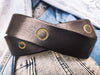 Handmade Black Leather Belt with Gold Motorcycle Gear Stamps - Perfect Gift for Bikers