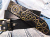 Handmade Black Leather Belt with Gold Motorcycle Gear Stamps - Perfect Gift for Bikers