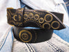 Handmade Black Leather Belt with Gold Motorcycle Gear Stamps - Perfect Gift for Bikers