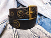 Handmade Black Leather Belt with Gold Motorcycle Gear Stamps - Perfect Gift for Bikers