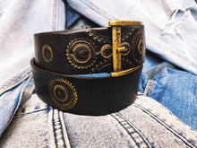 Handmade Black Leather Motorcycle Belt with Gold Stamps - Perfect Gift for Bikers