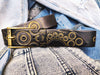 Handmade Black Leather Belt with Gold Motorcycle Gear Stamps - Perfect Gift for Bikers