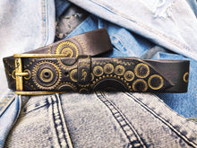 Handmade Black Leather Motorcycle Belt with Gold Stamps - Perfect Gift for Bikers
