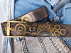 Handmade Black Leather Belt with Gold Motorcycle Gear Stamps - Perfect Gift for Bikers