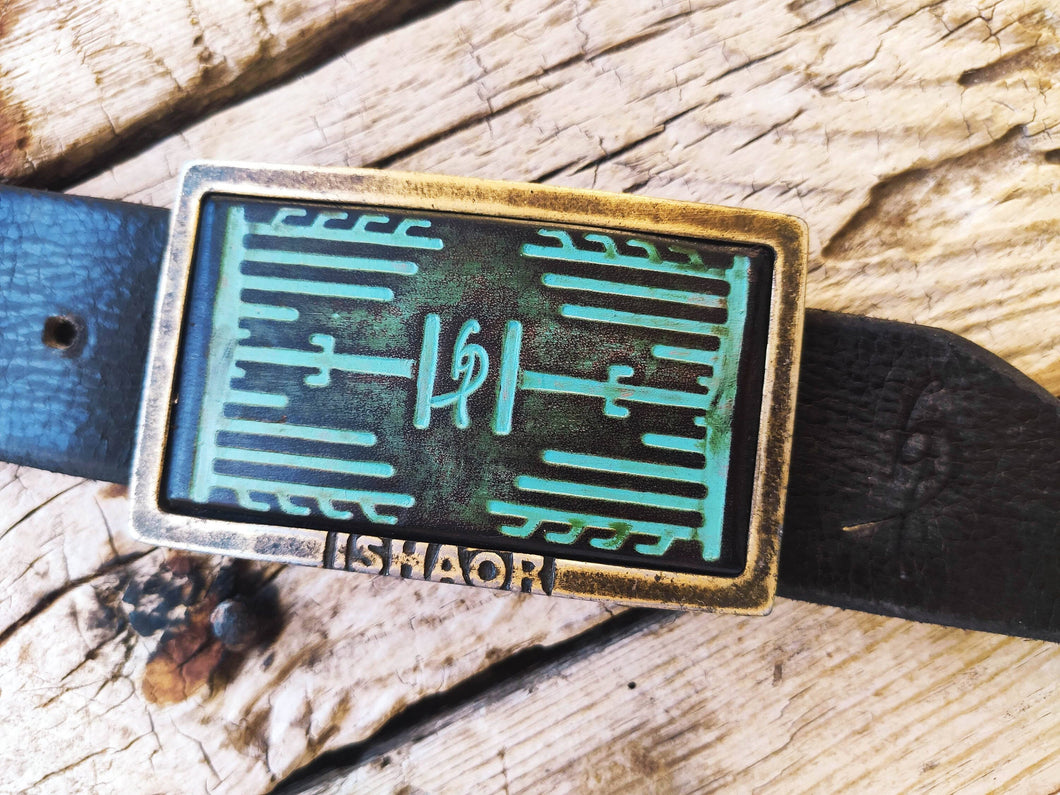 Ishaor Turquoise Leather Rectangle Buckle with Heat Sink Cooler and Brown Wash Upgrade for Any Belt