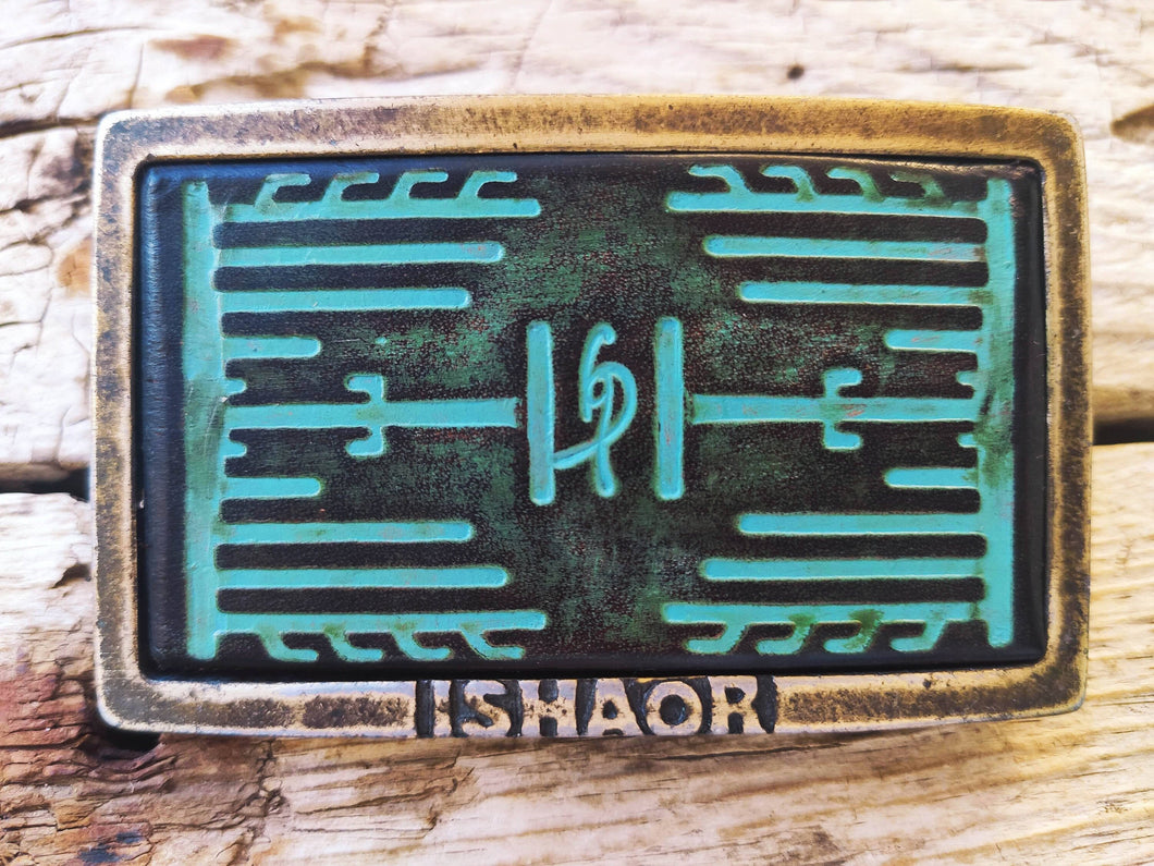 Ishaor Turquoise Leather Rectangle Buckle with Heat Sink Cooler and Brown Wash Upgrade for Any Belt