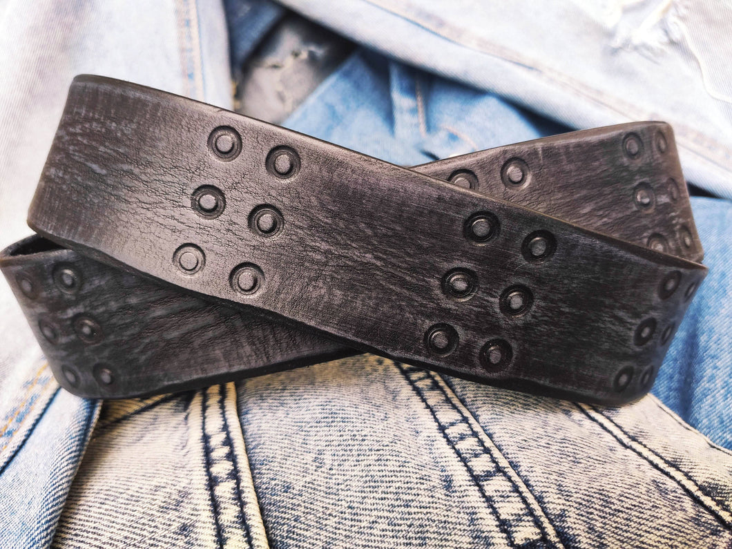 Ishaor Handmade Black Leather Belt Embossed with RCA Design Vintage Finish Genuine Full Grain Leather