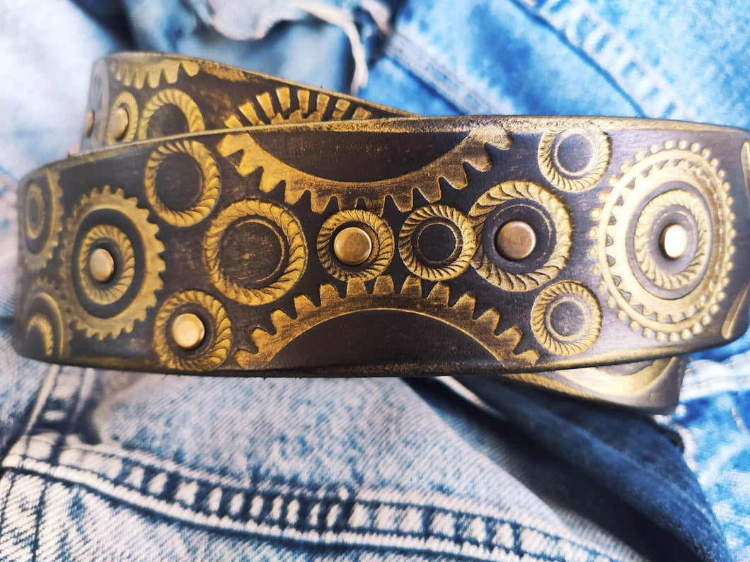 Dark Brown Mens Belt Embossed with Motorcycle Gears - Original Design a Stunning Gift for Bikers with Personalized Option