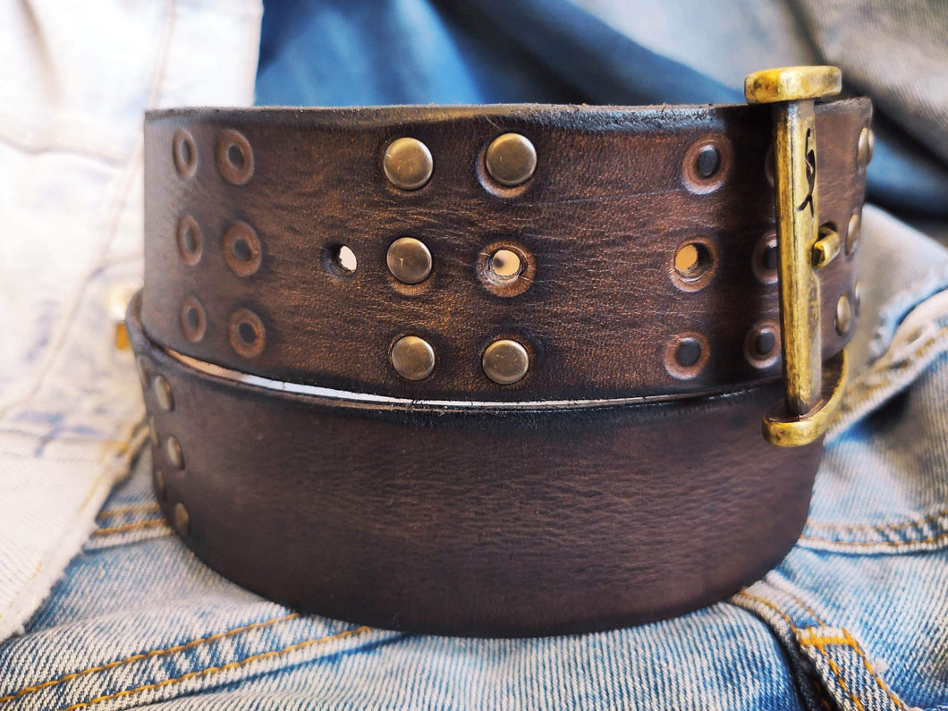 Vintage Brown Leather Belt with HIFI Embossing Rivets and Personalized Gift Option