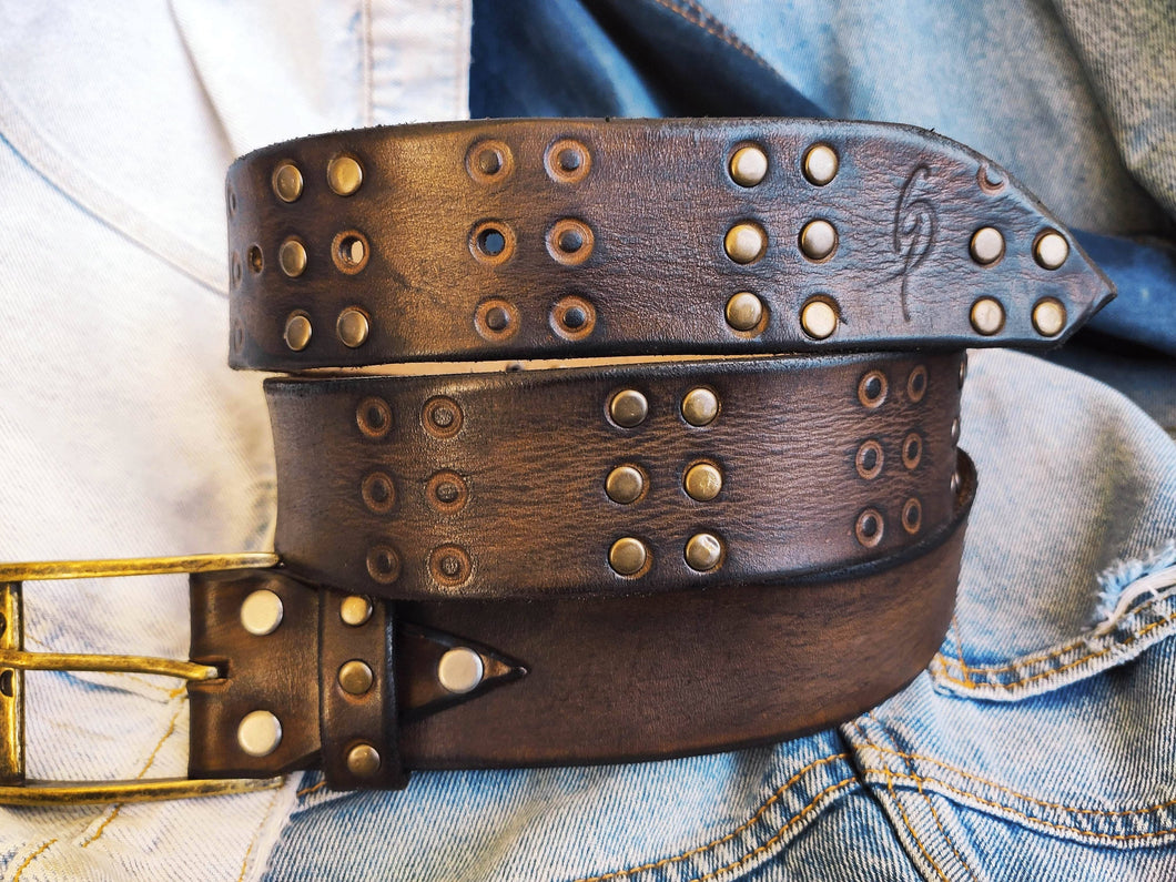 Vintage Brown Leather Belt with HIFI Embossing Rivets and Personalized Gift Option