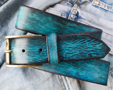 Ishaor Turquoise Color leather Belt with Blue and Black wash - Stylish Durable and Customized