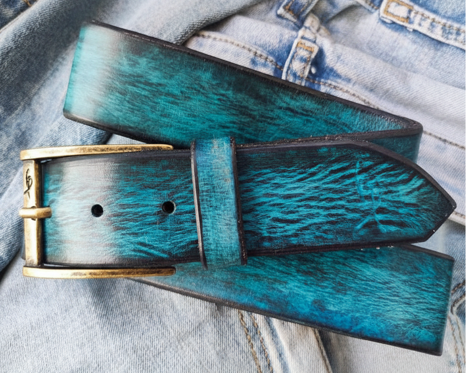 Ishaor Turquoise Color leather Belt with Blue and Black wash - Stylish Durable and Customized