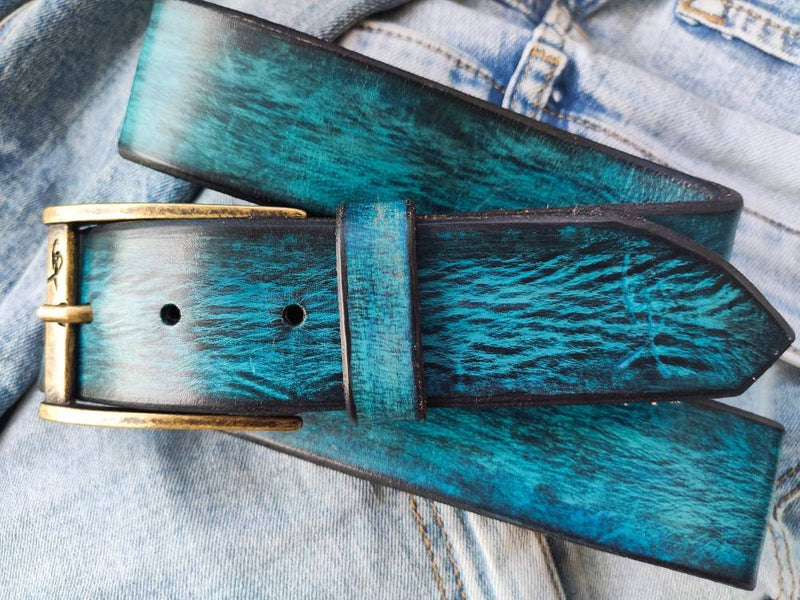Ishaor Turquoise Color leather Belt with Blue and Black wash  display picture 1