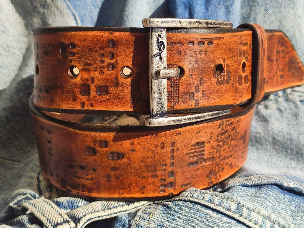Genuine Leather Western Belt with Computer Card Design - Mens Fashion Accessory - Perfect Gift for Computer Lovers