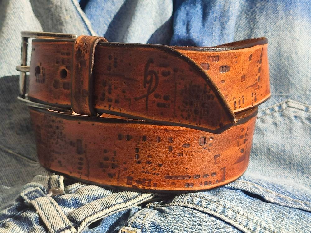 Genuine Leather Western Belt with Computer Card Design - Mens Fashion Accessory - Perfect Gift for Computer Lovers